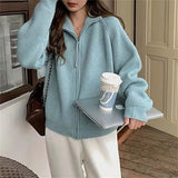 Fongt Zipper Autumn Winter Collar Solid Color Lazy Wind Wear Sweater Coat Jacket Korean Version Soft Waxy Women-Outfit