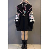 Japanese Cute Cat Embroidery Peter Pan Collar Oversized Sweatshirt Students Girls Black White Pullover Korean Kawaii Clothes-Outfit