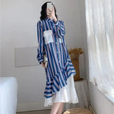 Clothing Striped Spliced Dresses Stylish Asymmetrical Fake Two Pieces Spring Autumn Polo-Neck Single-breasted Midi Dress-Outfit
