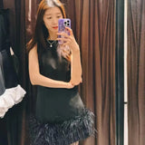 Fongt Sense A Dress 2025 Autumn New Standing Collar Sleeveless Solid Color Feathers Spliced Dress Dress Woman
