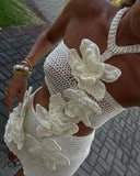 Fashion Hanging Neck Flowers Hollow Holiday Style Dress 2025 Summer