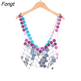 Shiny Sequined Tops for Women 2022 Fashion Hollow Out Metal Female Clothing Shoulder Strap Sexy Backless Mesh Tank