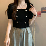 Fongt New French Gentle Style Design Double Buckle Bubble Sleeve T-Shirt Knitted Short