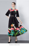 Fongt Exquisite Dress Women 2025 New Lazy Wind Collar Mid-Sleeves To Close The Waist Temperament 100-Fold Printing Skirt