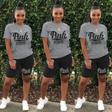 Summer New PINK Letter Print Short Sleeves Tshirt + Biker Shorts Sets Casual Two Piece Women Fashion Outfit