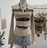 Fongt Shooting With Hanging Neck Leopard Print Splicing Two Long-Sleeved Tops A Short Shoulder Bottom T-Shirt 28787