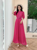 Fongt Elegant Half-High Collar Bubble Sleeve Pressure Folding Dress With Thin Temperament Female Chiffon Long Dress
