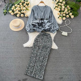 Fongt Suit Female Temperament Lantern Long Sleeve V Collar Lotus Leaf Swing Bright Shirt Female High-Waist Lysic Half Skirt