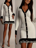 Fongt 2025 New Temperament Elegant High- Waist Long-Sleeved Leaf Side Knitted Dress Woman
