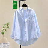 Fongt 2025 Spring And Autumn New Korean Version Of Small Fresh Cardigan Striped Single Pocket Loose Lanky Long Sleeve Shirt Woman