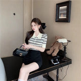 Silk Striped Knitted Shirt Girl Summer Chic Short-Sleeved T-Shirt Temperament Chic Thin Short