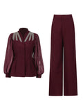 Fongt Famous Yuan Two Sets Of 2025 Autumn New Diamond V-Neck Splicing Mesh Suit High-Waisted Trousers Suit Female