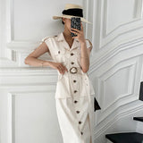 Elegant Notched Collar Dress Women Summer Casual Safari Style Single Breasted Belt Slim Waist Pocket Dresses