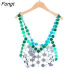 Shiny Sequined Tops for Women 2022 Fashion Hollow Out Metal Female Clothing Shoulder Strap Sexy Backless Mesh Tank
