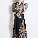 Fongt Court Style Dress Women's Early Spring New Bubble Sleeve Retro Print High-End Swing Dress Dress