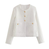 Fongt 2025 New Women's Casual Single-Clip Round-Neck Long Sleeve Loose Texture Short Small Fragrant Coat