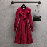 Winter Long Sleeve Knitted Sweater Dress French Vintage Elegant Ruffles Patchwork High Waist A-line
