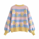2021 Flower Jacquard Cardigan Women Long Puff Sleeve Striped Knit Sweater Female Front Button Up Egegant Fitted Knitted