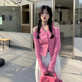 Fongt New Striped V-Necked Long-Sleeved Knitted Cardigan Female Red Ins Wind Short