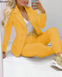 Women's 2pcs Tracksuits Solid Long Sleeve Blazer Pants Suit Sets Office Lady Tracksuit Two Piece Set Fitness Outfits