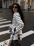 Fongt Women's Black And White Stripes Simple Fashion V-Neck Button Knitted Cardigan Jacket