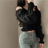 Fongt Summer Korean Chic French Style Collar Small Design Feel Folded Bubble Sleeve Short Shirt Top