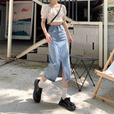 Waist Skirts Women Retros Denim Sexy Split Solid Summer Mid-calf Faldas All-match A-line Fashion Preppy Korean Style