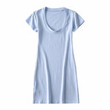 New Large U-Necked Dress Summer Solid Color Leisure Basic Medium-Long Short-Sleeved T-Shirt Skirt-Outfit