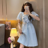 Puff Sleeve Dresses Women Bow Students Kawaii Y2k Summer Vestidos Basic Design Daily Stylish Young Preppy Sheer Retro
