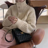 Fongt New Fashion High Collar Pit Strip Soft Waxy Long Sleeve Thick Line Knit Cardigan Female Add Thick Loose Sweater Coat Female-Outfit