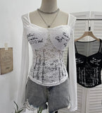 Fongt Shot With Chest Pad Hottie Letter-Print Lace Splicing Mesh T-Shirt T-Shirt 6231