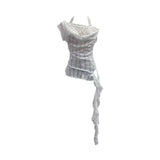 Fongt Shooting Lace Splicing Collar Hanging Neck-Sleet T-Shirt Woman Xia Repair Short Irregular Drifting Clothes 9580