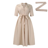 Fongt African Women's Dress 2025 Summer New Fashion Suit Collar Short Sleeve Solid Color Swing Dress