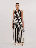 Fongt Eastern Women's Fashion Casual Elegant Bare Back Set Striped Broad Leg Pants