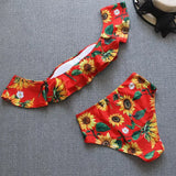 2025 New Split Swimsuit One-Word Shoulder Lotus Side Sunflower Print High-Waist Sexy Bikini