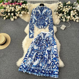 New Advanced Casual Women's Elastic Long Sleeve Pleated Top+High Waist Pleated Half Skirt Printed Skirt 2-piece Set-Outfit