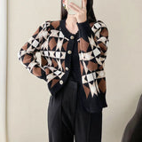 Impact Color Diamond Plaid Knitted Cardigan Women's Fashionable Sweater Round Collar Autumn And Winter Style Coat Bubble Long-Sleeved Blouse-Outfit