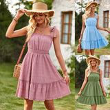 Fongt Wind Casual Women's Wear 2024 Summer New One-Word Shoulder Pull Flounce Dress-Outfit