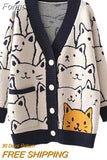 Women Button Down Knit Sweater Fall Long Sleeve V Neck Cartoon Cat Pattern Loose Cardigan Women's Winter Coats