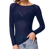 Fongt Elastic Tight Perspective Sexy Mesh Bottom Shirt Transparent Long Sleeve T-Shirt Women's Lace