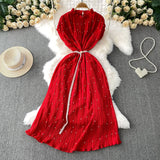 Fongt Temperament Heavy Industry Pearl Wood Ear Round Collar Dress Women's Summer New Waist Thin 100 Folded Long Skirt