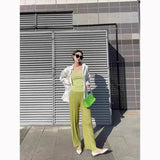 Fongt Folded Casual Trousers Women Simple And Comfortable Elastic High-Waist Straight Trousers Solid Color Wrinkles Trousers