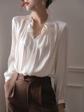Satin Solid Women's Blouse Loose White Casual Shirt Summer Long Sleeves Elegant Top 2022 New Folds Fashion Female