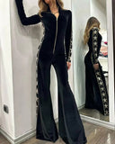 Fashion Velvet Splicing Print Long Sleeve Broad Leg