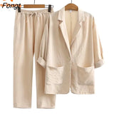 New Fashion Casual Cotton Linen Suit Top + Pants Two-piece Se Linen Set for Women Women's Suits Set 2 Elegant
