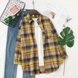 New Women Vintage Oversize Flannel Plaid Shirt With Pockets Full Sleeve Turn Down Collar Blouse Casual Basic Tops