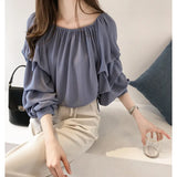Fongt New Korean Version Of Temperament Word-Collar Shoulder Chiffon Shirt Women Loose Bubble Tops Thin Solid Color Bottom Shirt