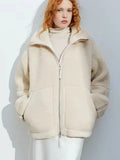 Fongt Women's Autumn And Winter Fashion Colliding Splicing Lead Resin Zipper To Keep Warm Imitation Lamb Jacket