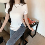 Fongt Summer Wear New Net Red Ins Super Fire Slim Versatile Side Slit Black Short-Sleeved T-Shirt Women's Chic Top