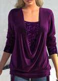 Sequin Contrast Solid Color Long-sleeved Large Drop Collar